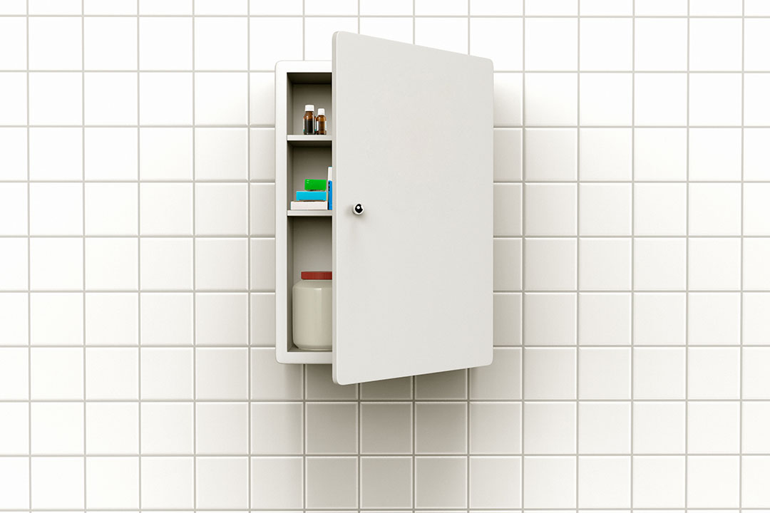 3D rendering of a medicine cabinet with open door on a tiled wall